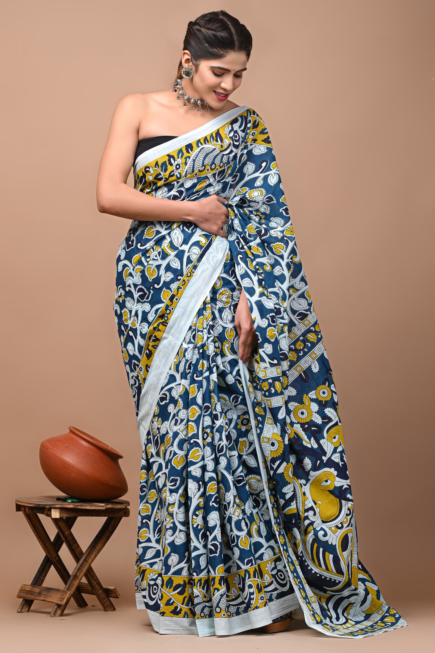 Blue Pure Cotton Sanganeri Printed Saree with Unstitched Blouse