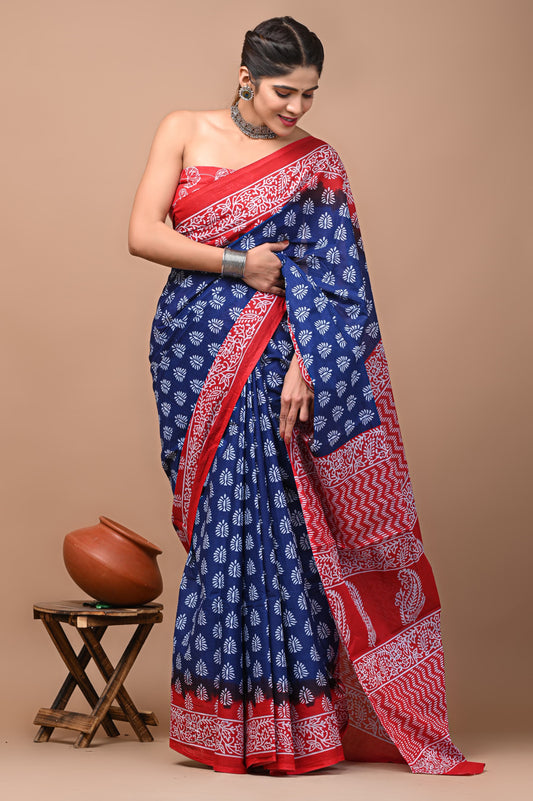 Blue Pure Cotton Sanganeri Printed Saree with Unstitched Blouse