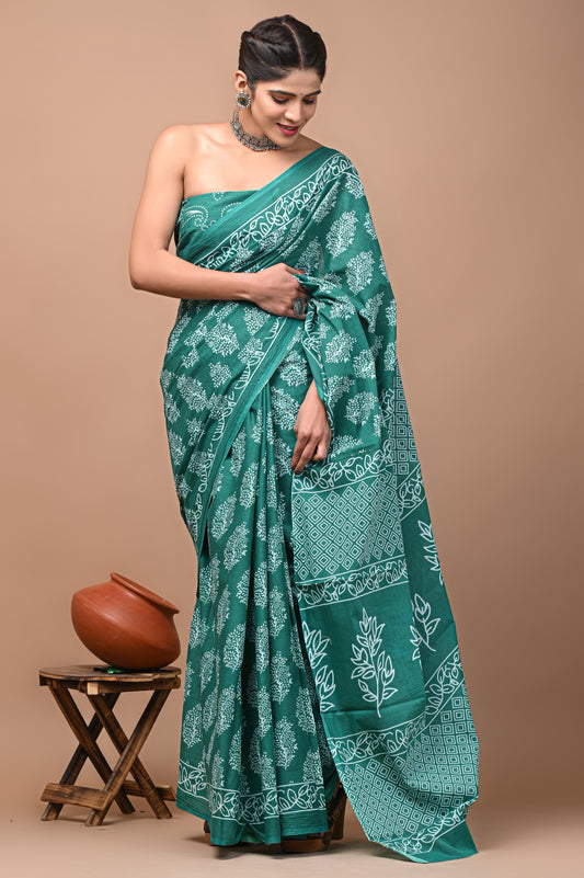 Green Pure Cotton Sanganeri Printed Saree with Unstitched Blouse