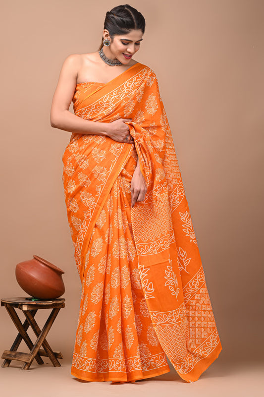 Orange block print cotton saree