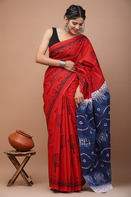 Red Pure Cotton Sanganeri Printed Saree with Unstitched Blouse