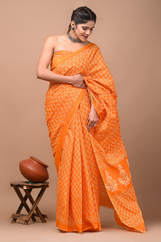 Orange leaf print cotton saree