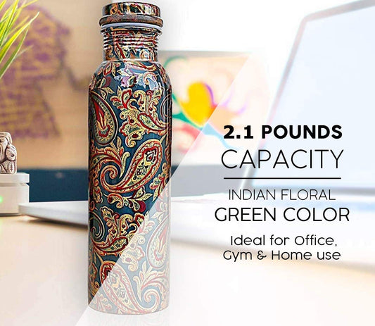 Pure Copper Designer Water Bottle with Advanced Leak Proof Protection and Joint Less, Ayurveda and Yoga Health Benefits. (1000ml, 1Unit) With Lacqure Coating (Pack of 1)