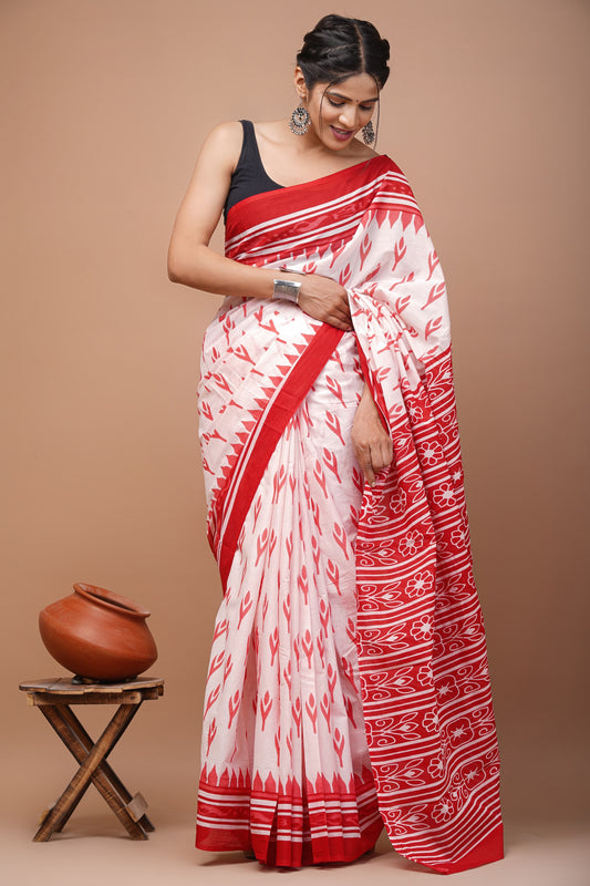 White bengali print cotton saree