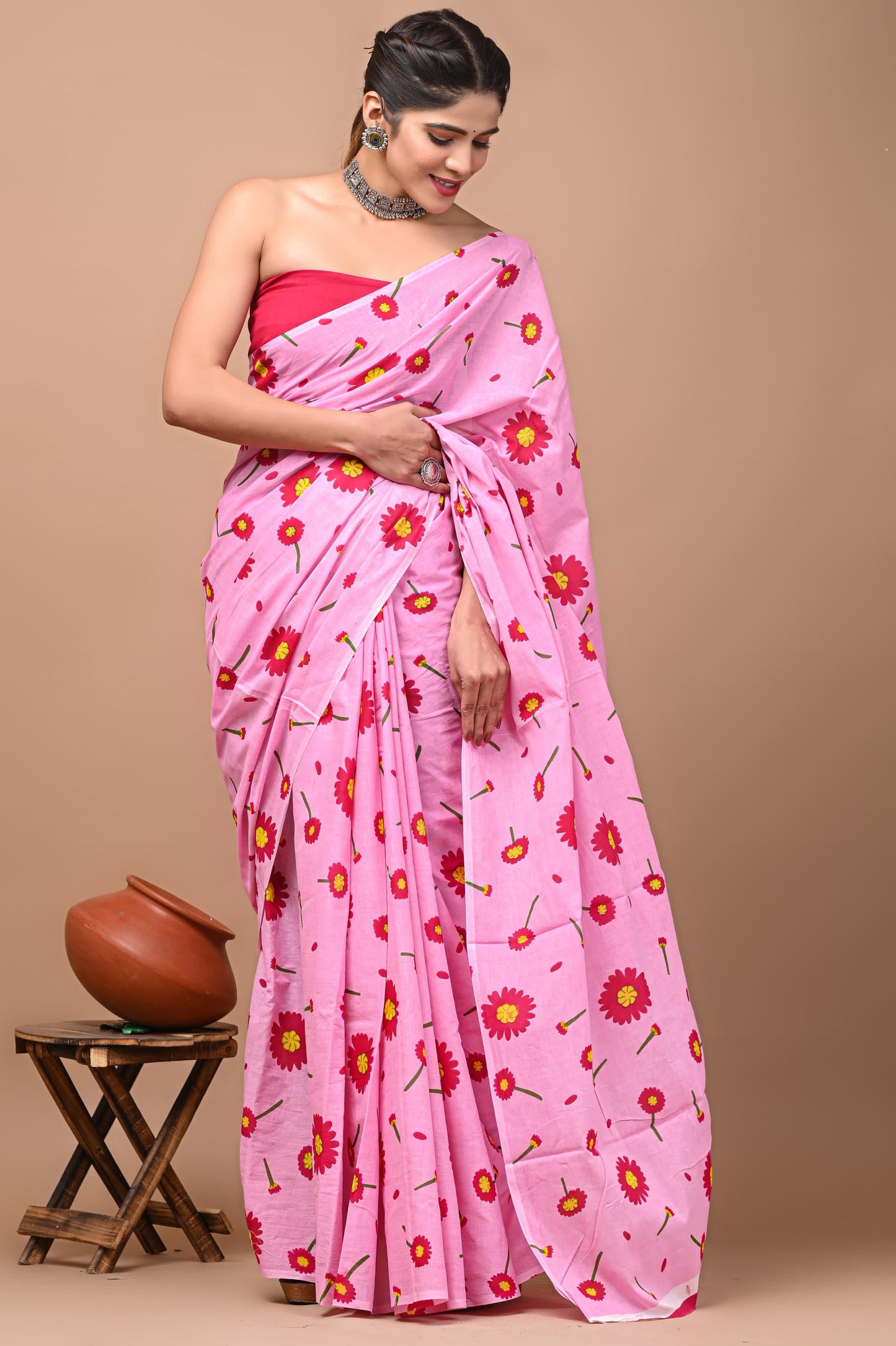 Pink base Flower print cotton saree
