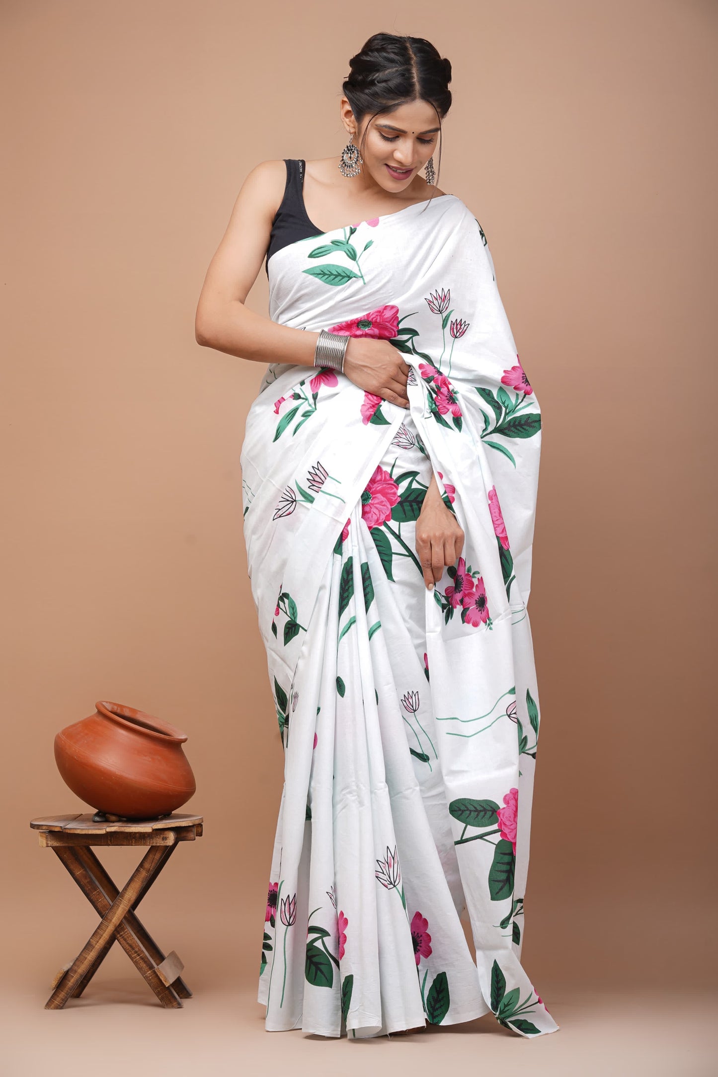 White Pure Cotton Sanganeri Printed Saree with Unstitched Blouse