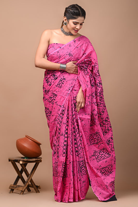 Pink Pure Cotton Sanganeri Printed Saree with Unstitched Blouse