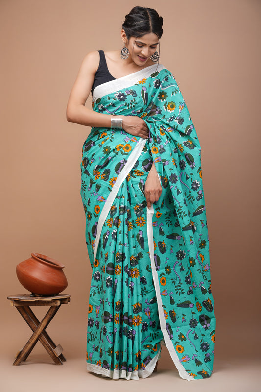 SkyBlue Pure Cotton Sanganeri Printed Saree with Unstitched Blouse
