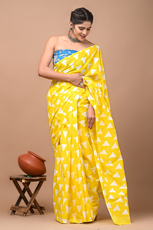 Yellow block print saree