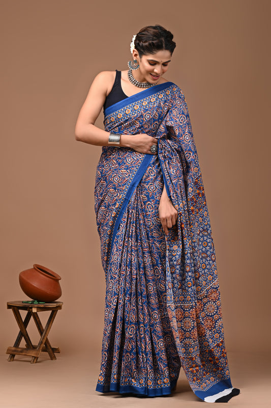 Blue floral cotton saree