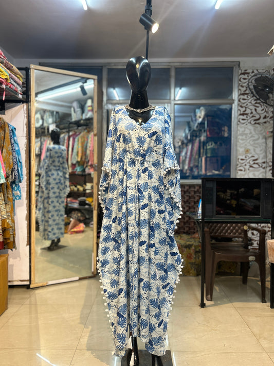Blue shades Leaf print kaftan dress